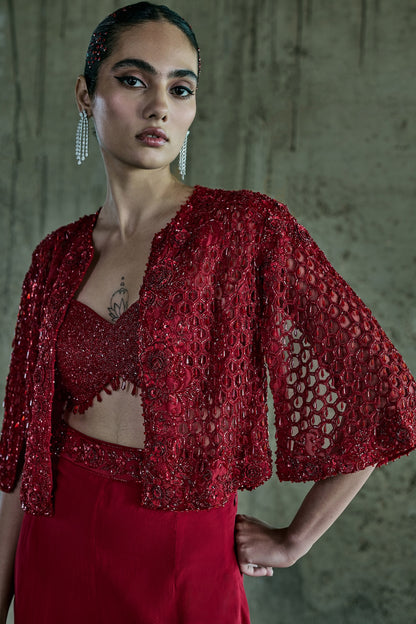 RED CUTWORK JACKET SET WITH PANTS