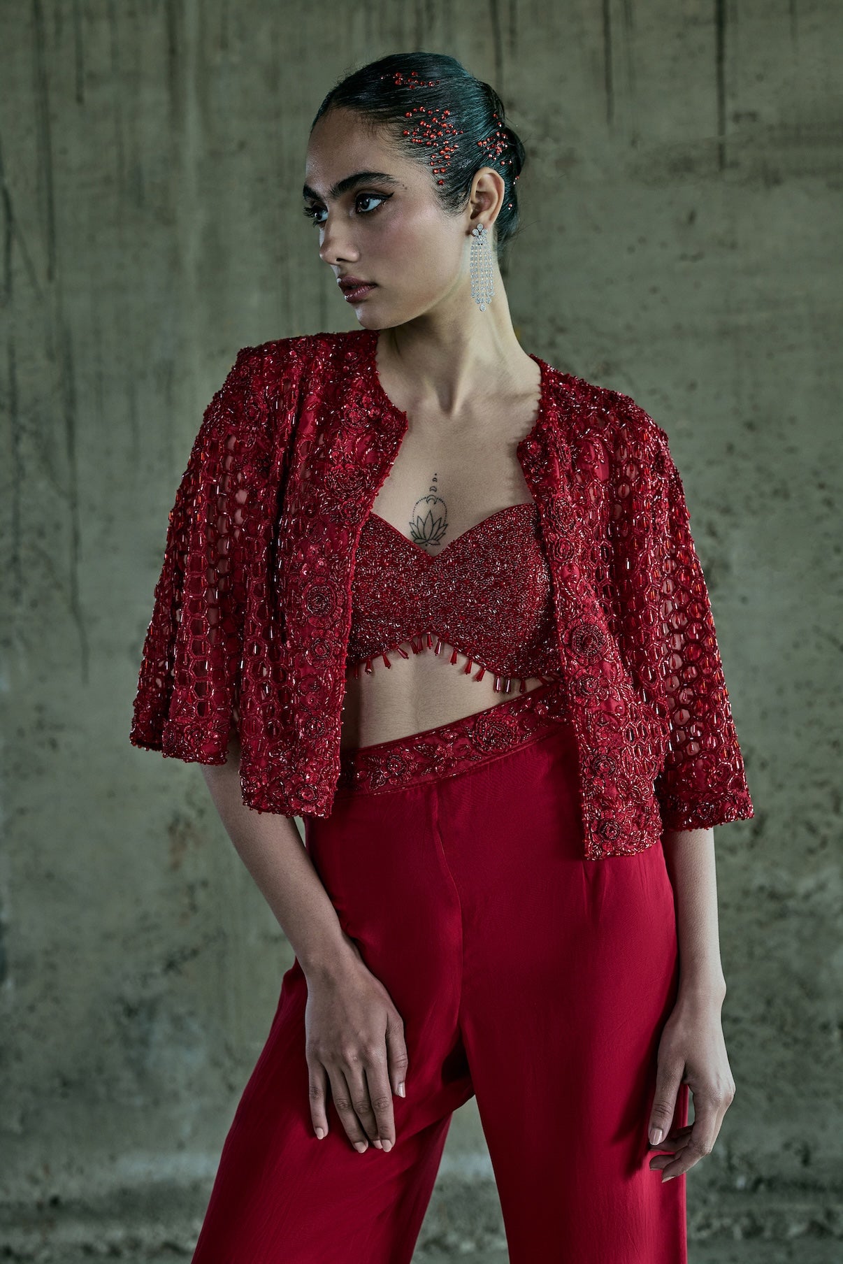 RED CUTWORK JACKET SET WITH PANTS