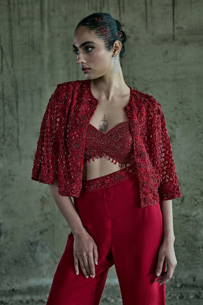 RED CUTWORK JACKET SET WITH PANTS