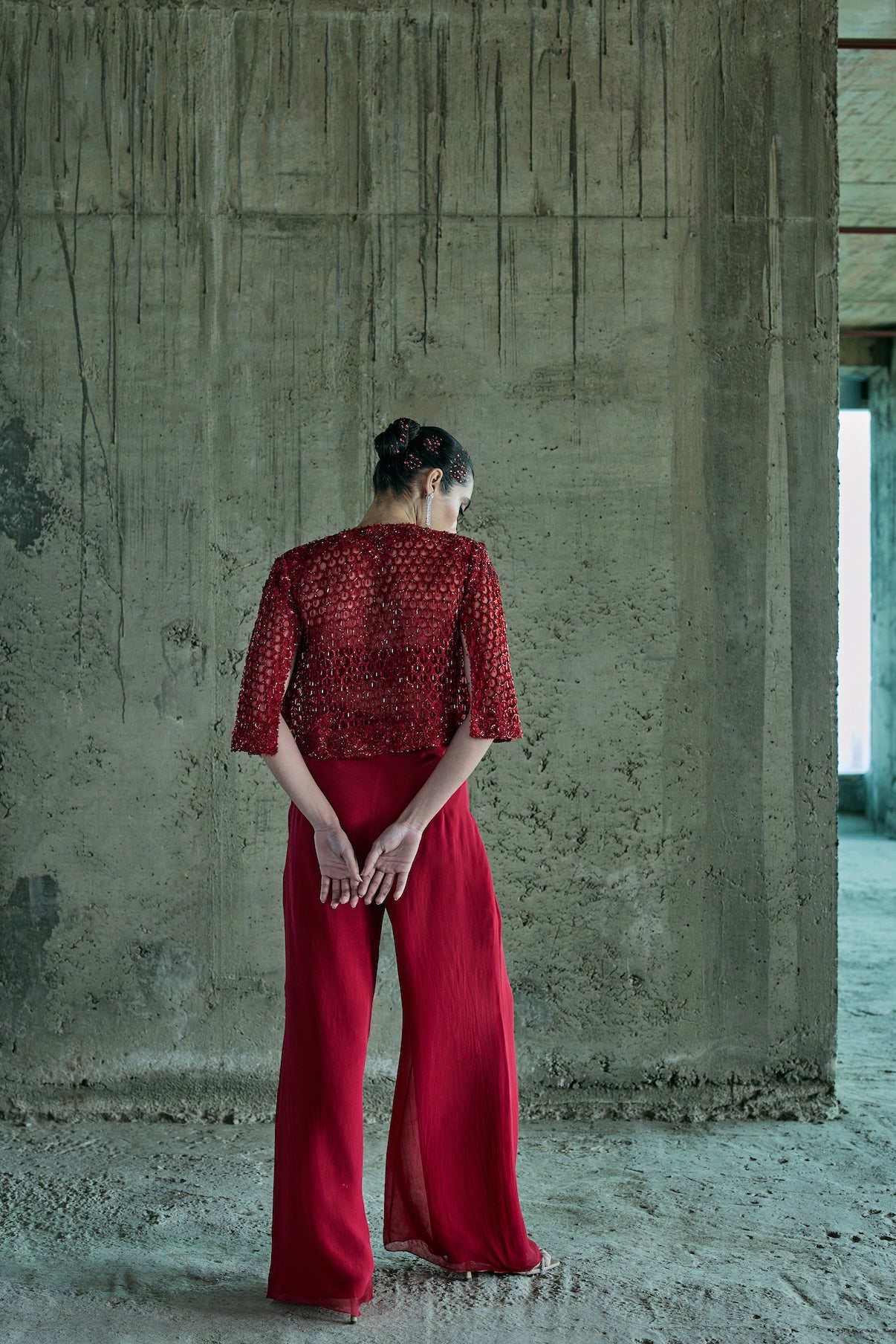 RED CUTWORK JACKET SET WITH PANTS