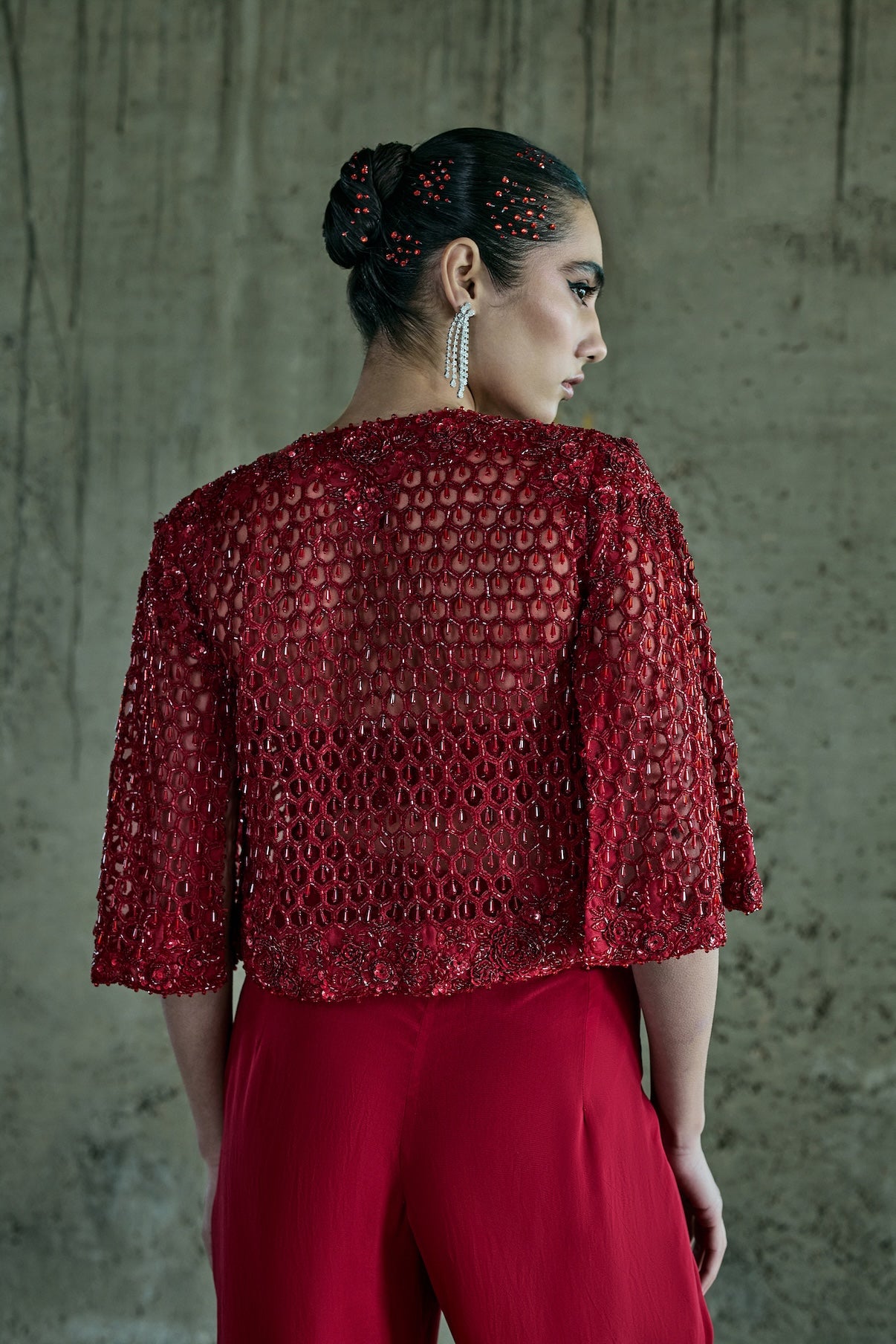 RED CUTWORK JACKET SET WITH PANTS