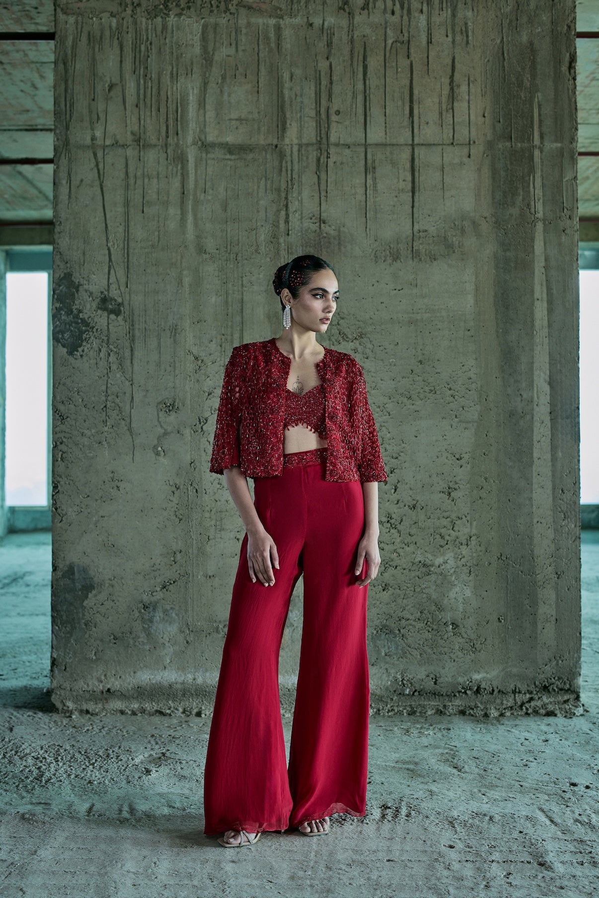 RED CUTWORK JACKET SET WITH PANTS