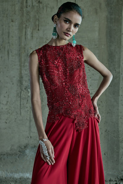 RED ASSYMETRICAL TOP WITH FLOWY PANTS SET