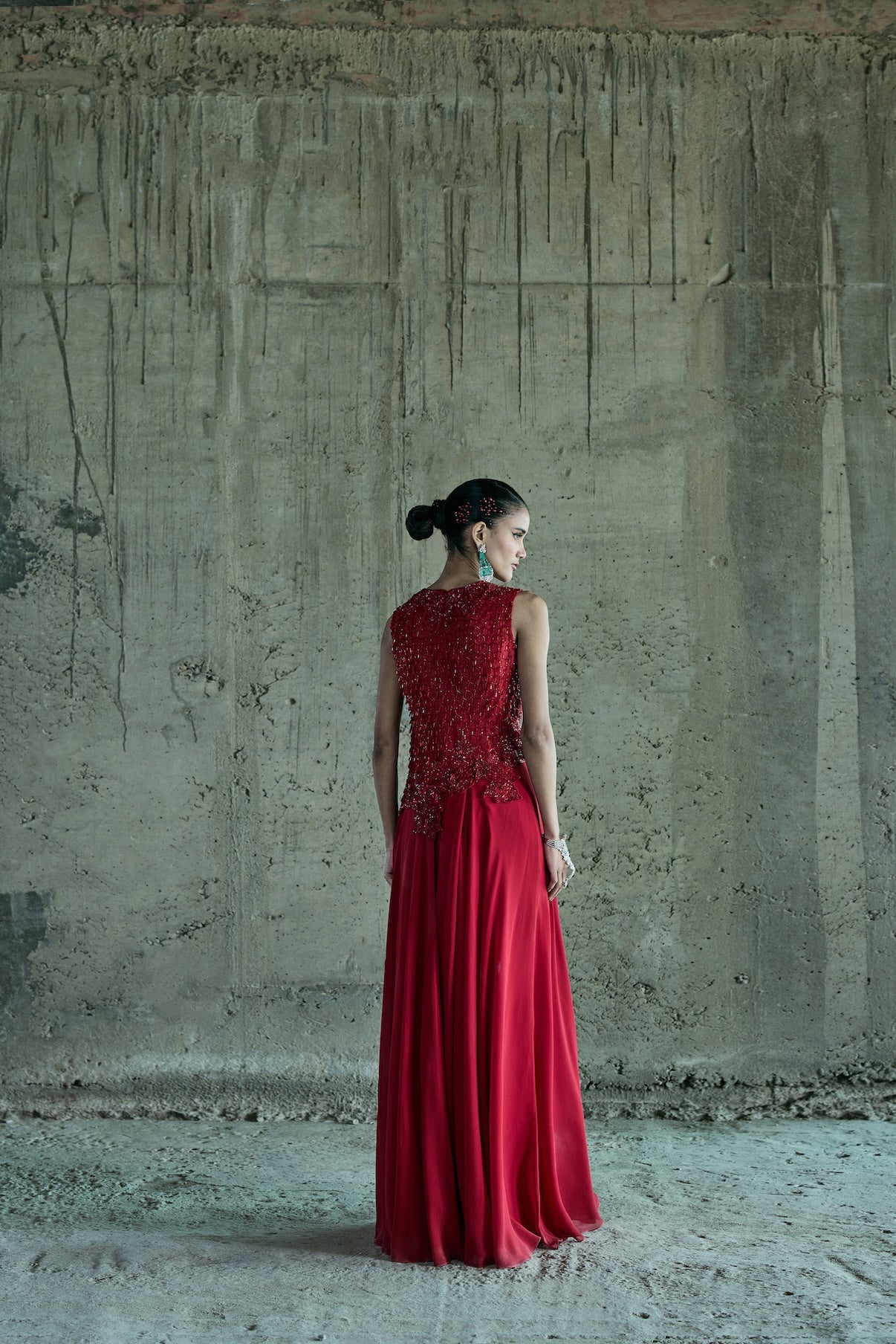 RED ASSYMETRICAL TOP WITH FLOWY PANTS SET