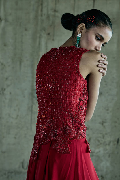 RED ASSYMETRICAL TOP WITH FLOWY PANTS SET