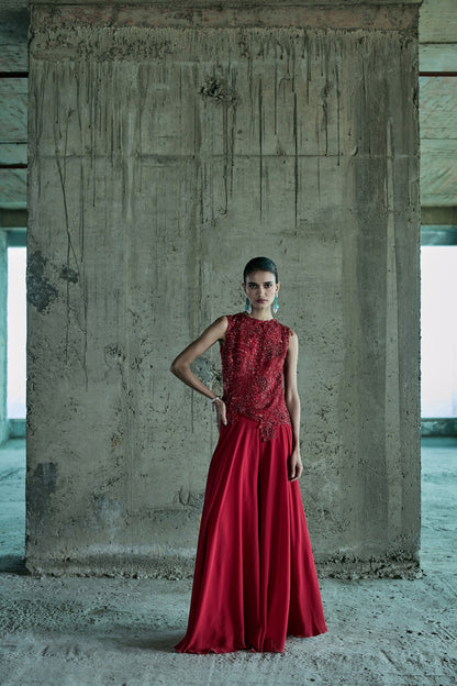 RED ASSYMETRICAL TOP WITH FLOWY PANTS SET
