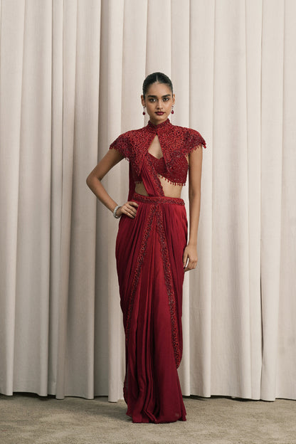 RED DRAPED SAREE WITH CAPE AND BUSTIER