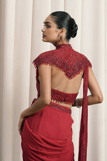 RED DRAPED SAREE WITH CAPE AND BUSTIER