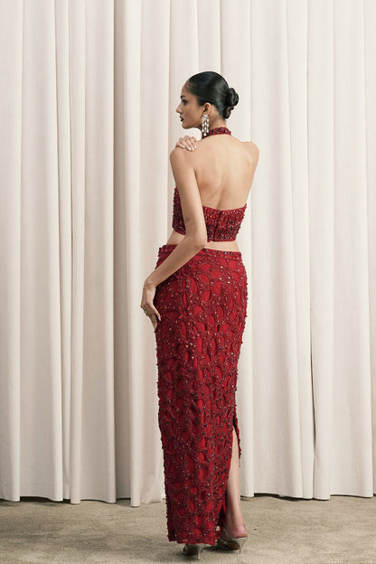 RED HALTER-NECK TOP WITH SLIT SKIRT