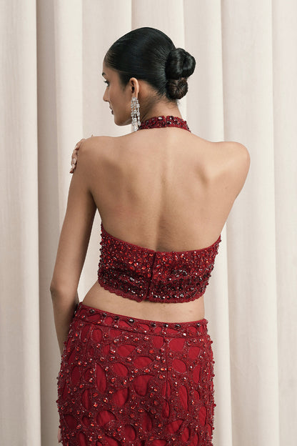 RED HALTER-NECK TOP WITH SLIT SKIRT