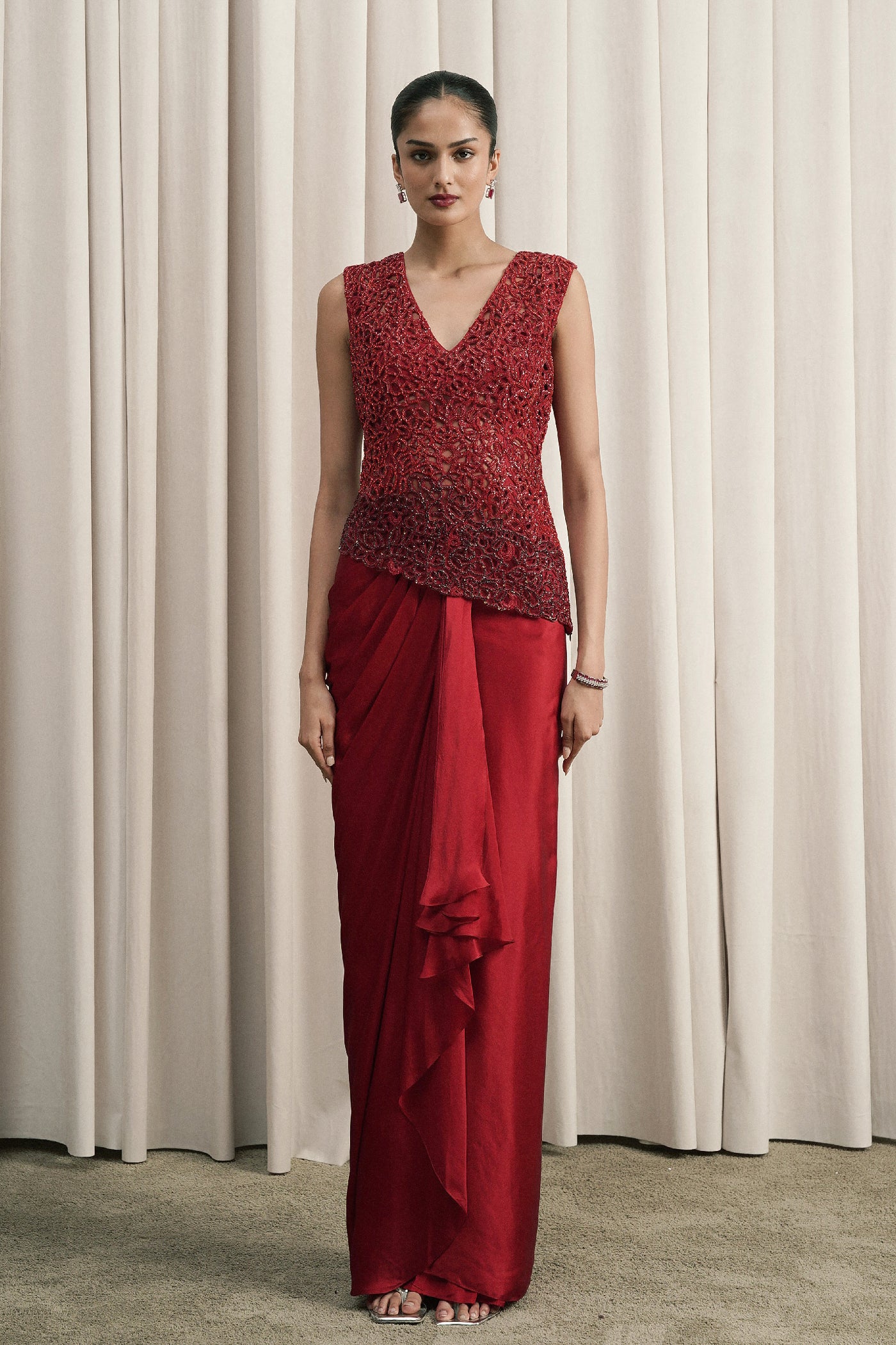 RED EMBROIDERED TOP AND DRAPED SKIRT SET WITH BUSTIER