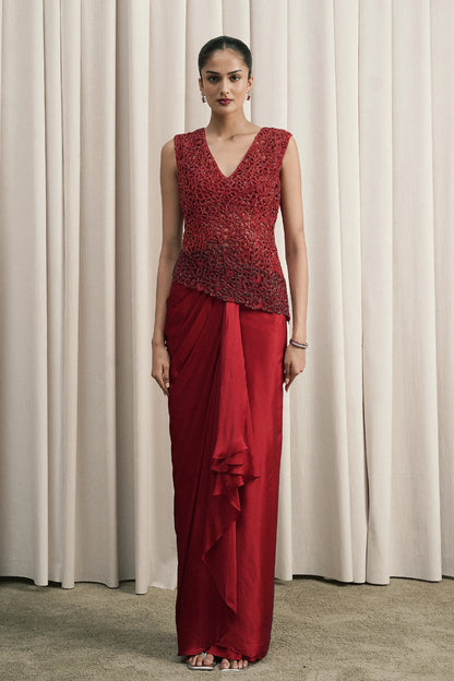 RED EMBROIDERED TOP AND DRAPED SKIRT SET WITH BUSTIER