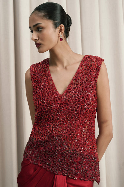 RED EMBROIDERED TOP AND DRAPED SKIRT SET WITH BUSTIER
