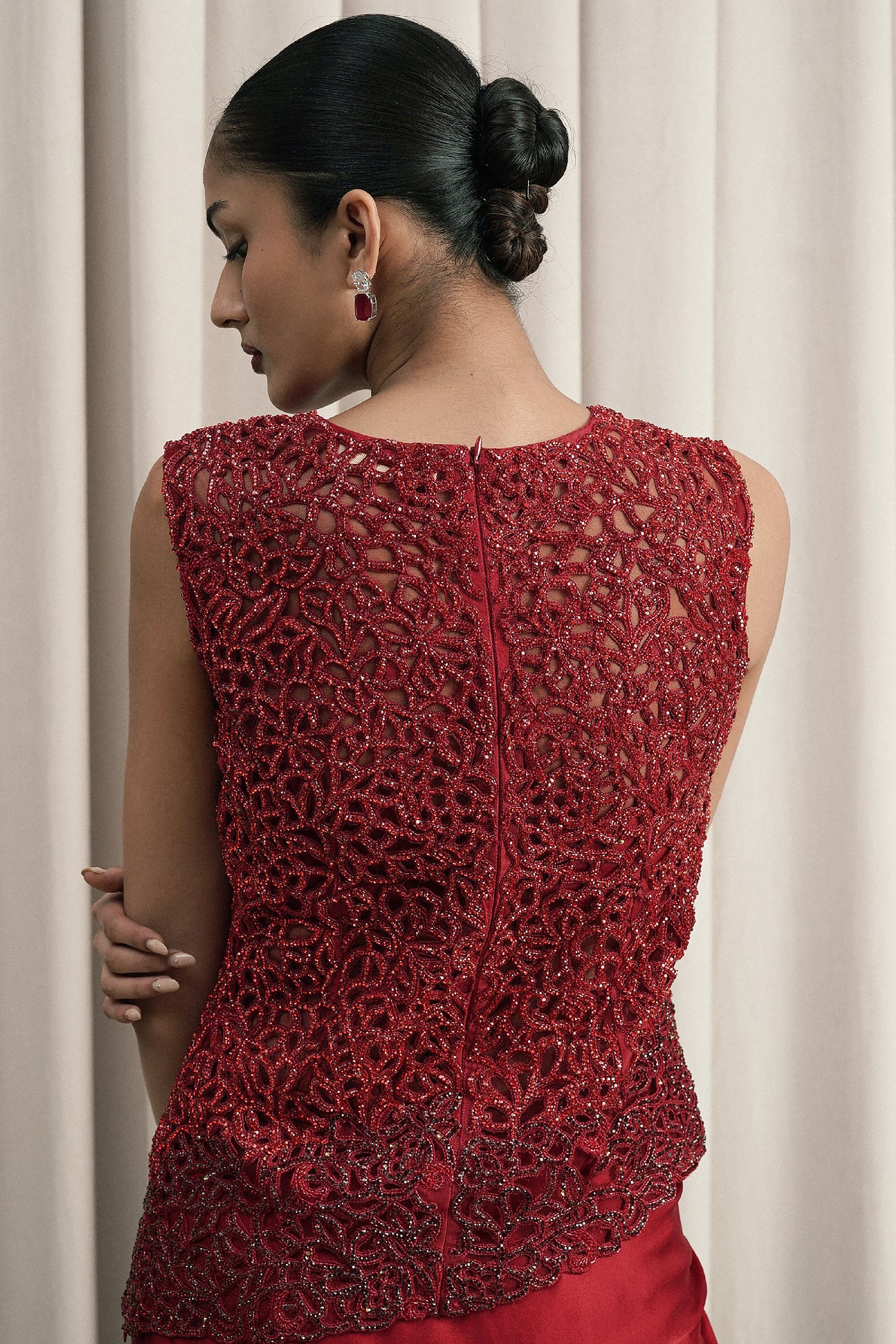 RED EMBROIDERED TOP AND DRAPED SKIRT SET WITH BUSTIER