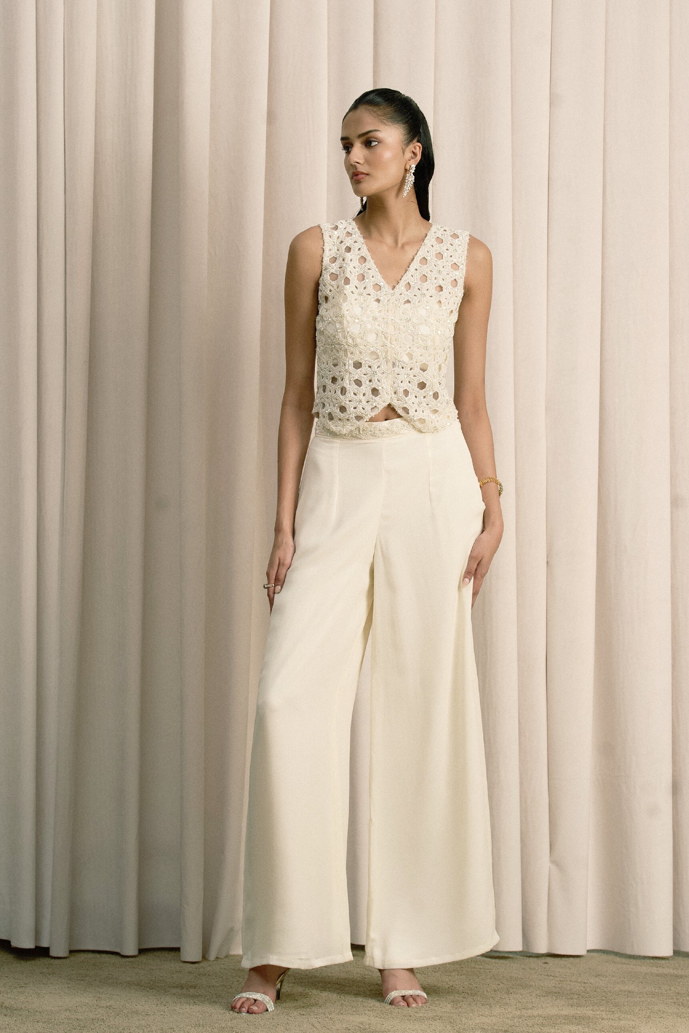 IVORY EMBROIDERED JACKET SET WITH BUSTIER AND PANTS