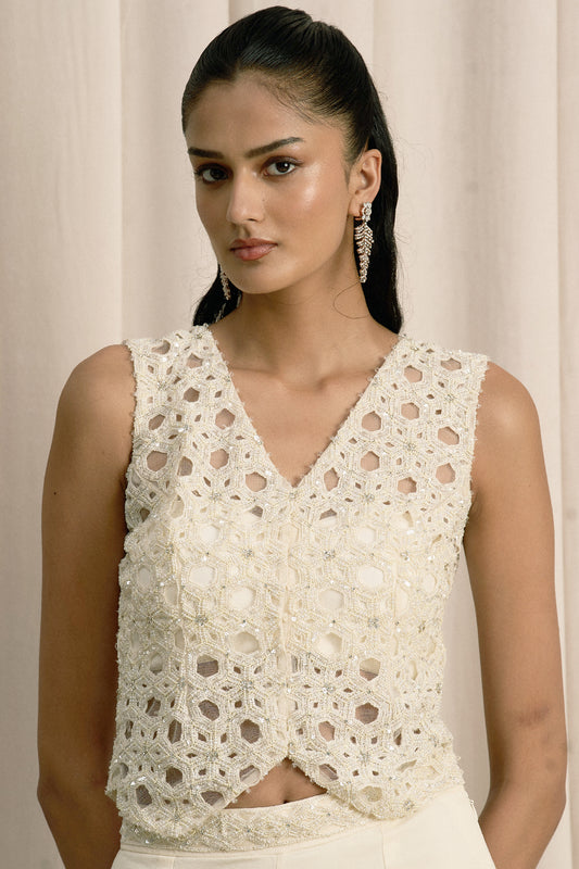 IVORY EMBROIDERED JACKET SET WITH BUSTIER AND PANTS