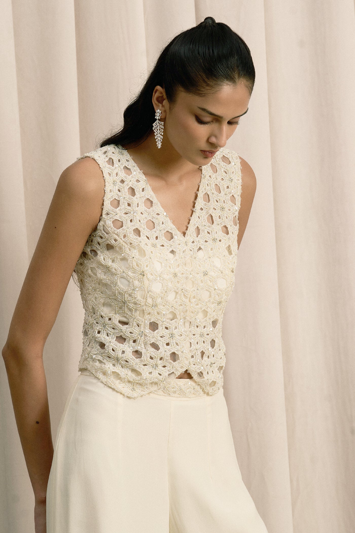 IVORY EMBROIDERED JACKET SET WITH BUSTIER AND PANTS