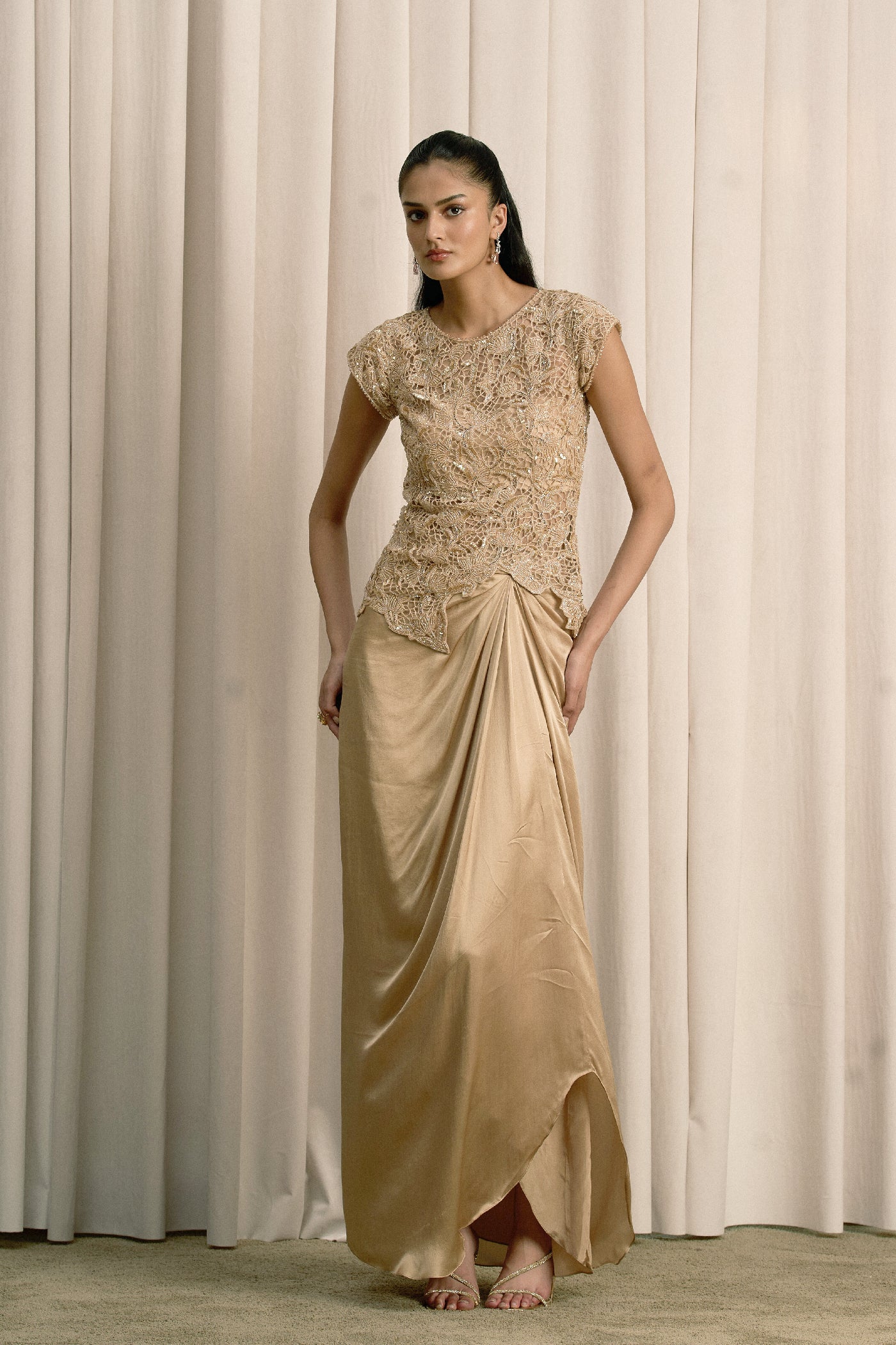 BEIGE CUTWORK TOP WITH BUSTIER AND PICK-UP SKIRT