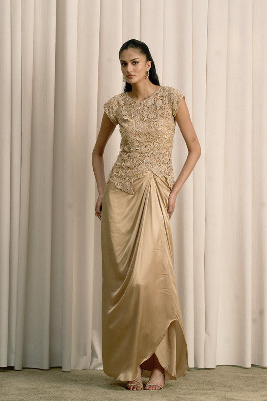 BEIGE CUTWORK TOP WITH BUSTIER AND PICK-UP SKIRT