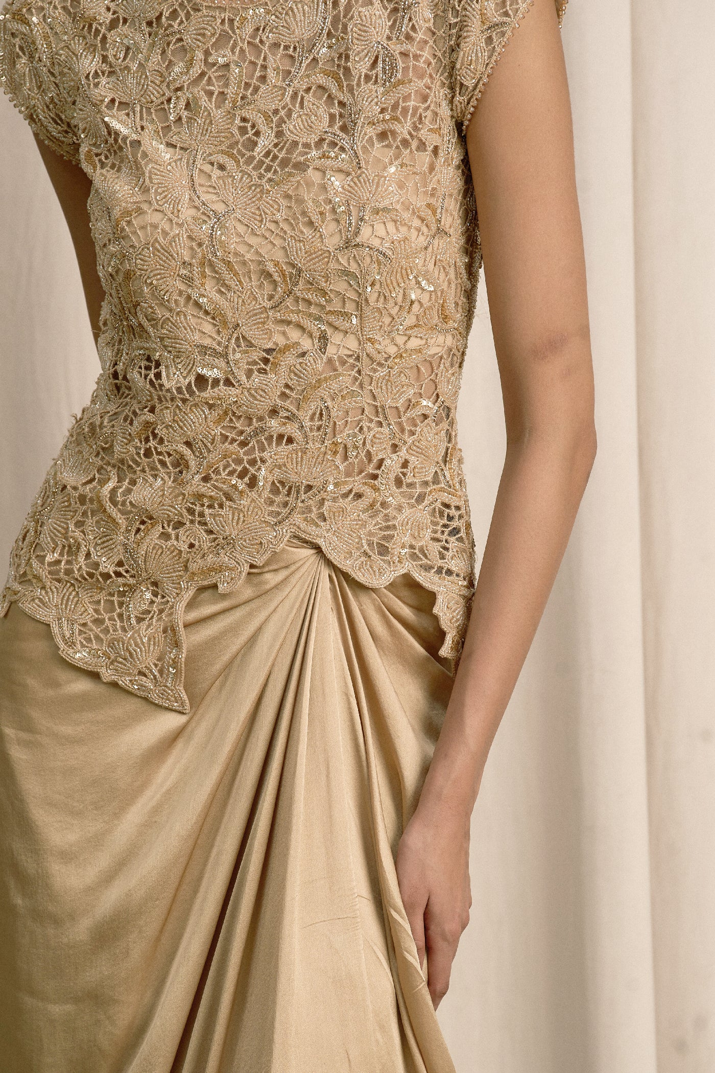 BEIGE CUTWORK TOP WITH BUSTIER AND PICK-UP SKIRT