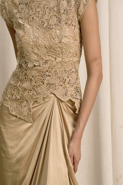 BEIGE CUTWORK TOP WITH BUSTIER AND PICK-UP SKIRT