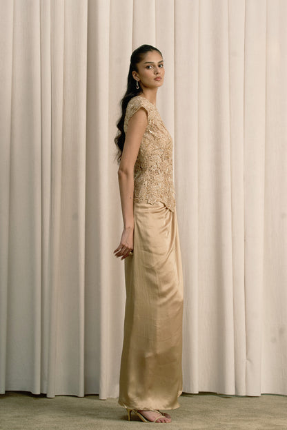 BEIGE CUTWORK TOP WITH BUSTIER AND PICK-UP SKIRT