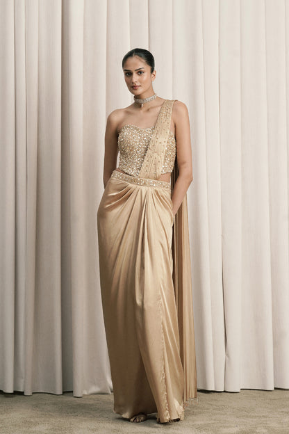 BEIGE DRAPED SAREE WITH EMBELLISHED CORSET