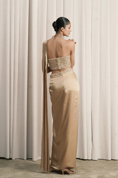 BEIGE DRAPED SAREE WITH EMBELLISHED CORSET