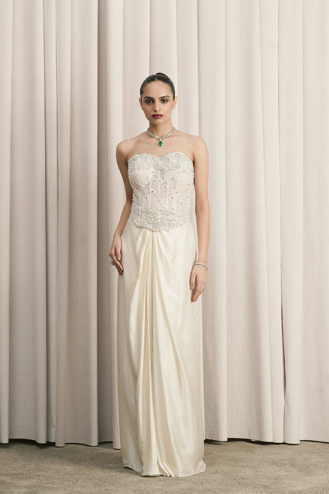 IVORY CORSET WITH STRUCTURED SATIN SKIRT