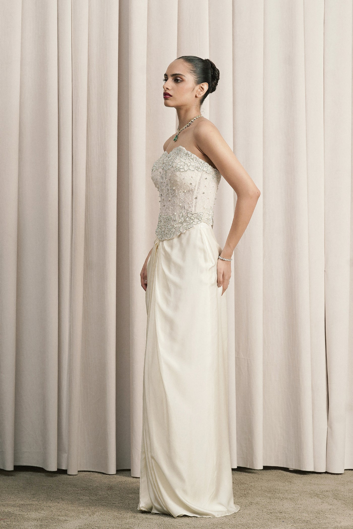 IVORY CORSET WITH STRUCTURED SATIN SKIRT