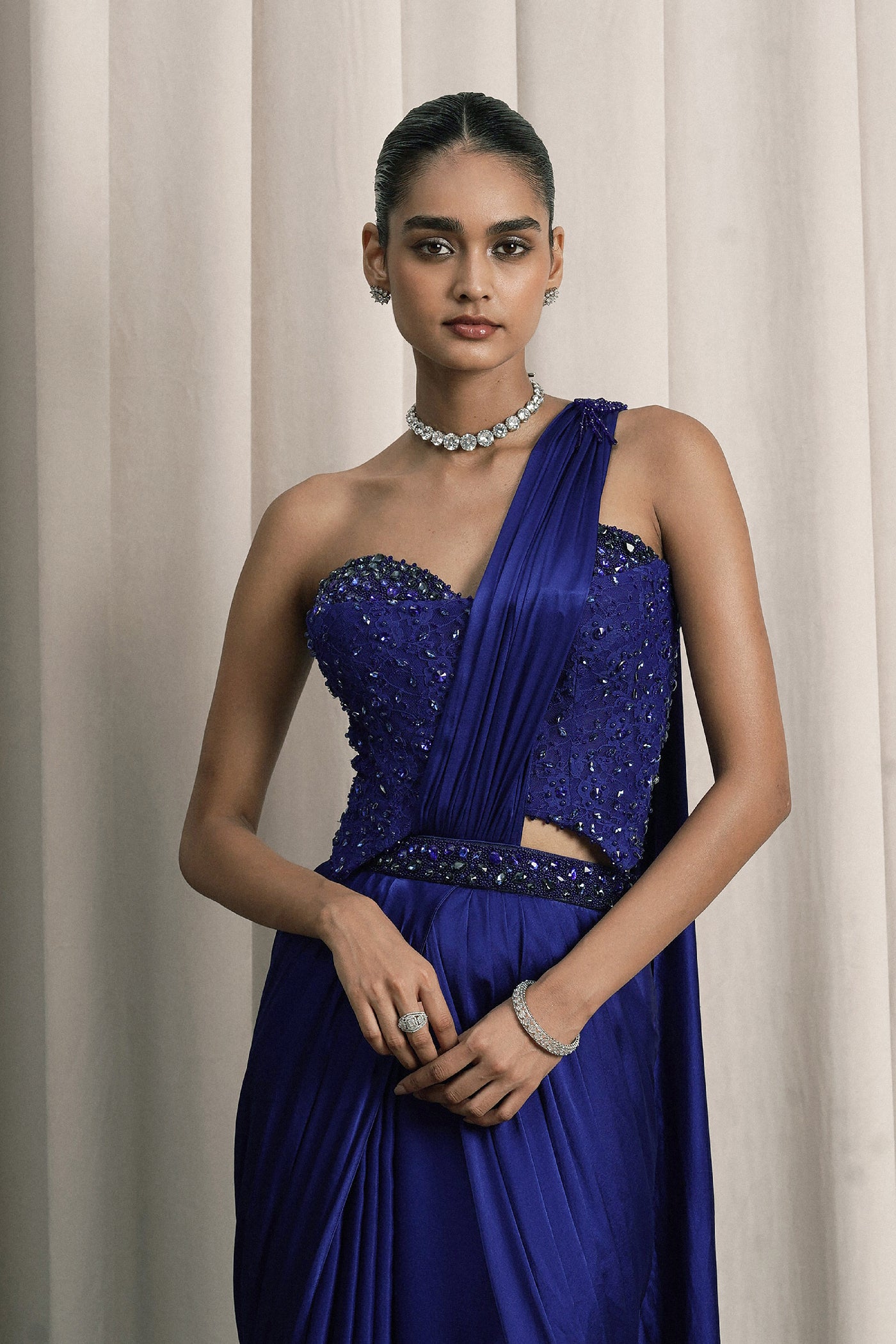 ROYAL BLUE PRE-DRAPED COCKTAIL SAREE WITH CHANTILLY CORSET