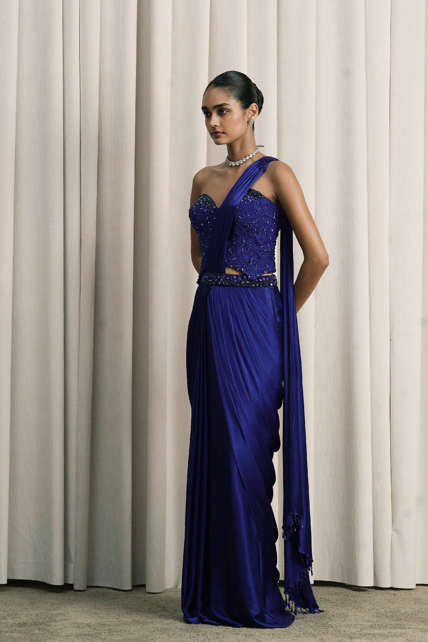 ROYAL BLUE PRE-DRAPED COCKTAIL SAREE WITH CHANTILLY CORSET