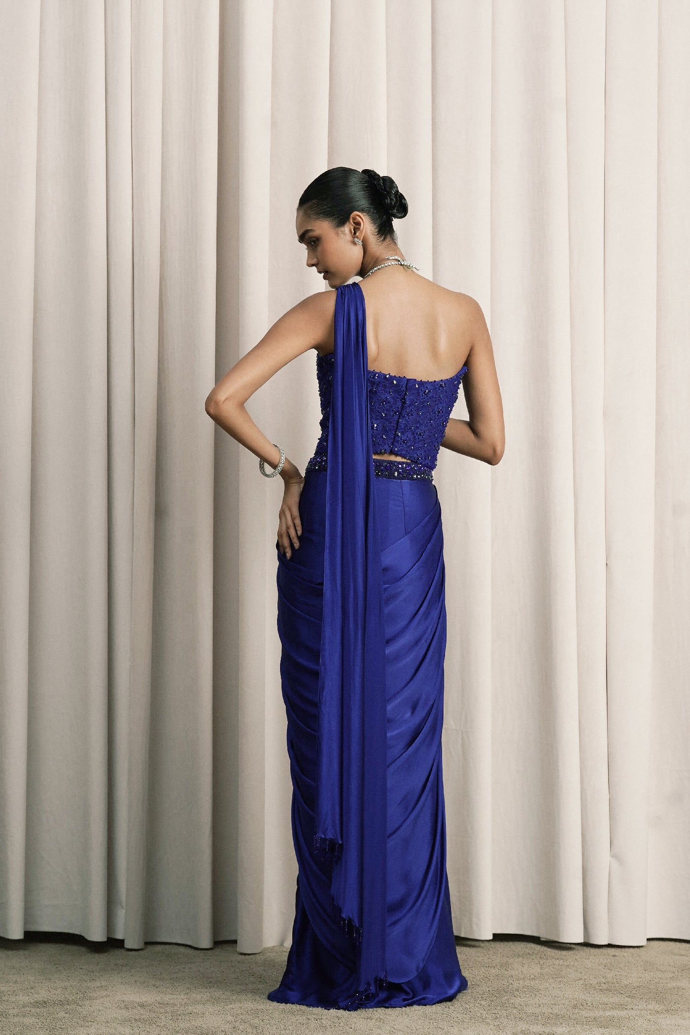 ROYAL BLUE PRE-DRAPED COCKTAIL SAREE WITH CHANTILLY CORSET