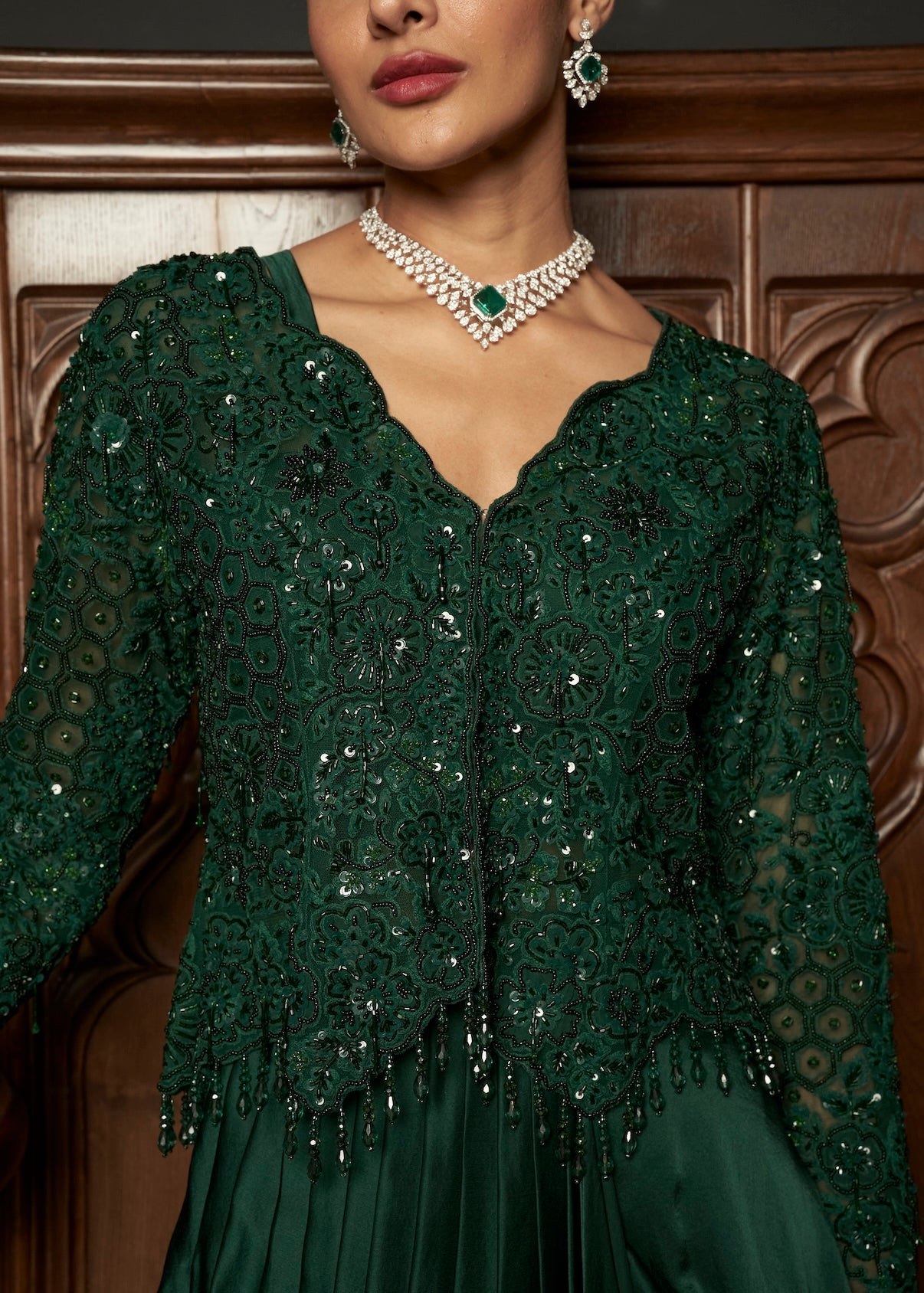 EMERALD EMBROIDERED JACKET WITH DRAPED SKIRT