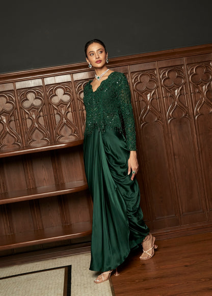 EMERALD EMBROIDERED JACKET WITH DRAPED SKIRT