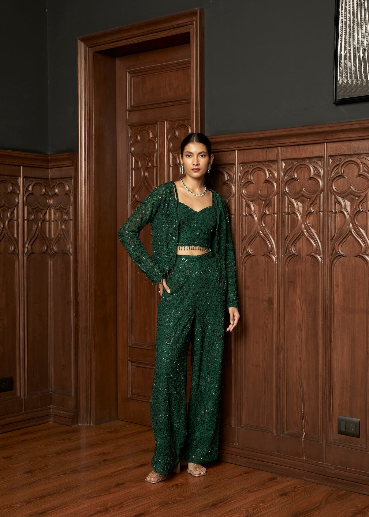 EMERALD  INDOWESTERN SHORT JACKET SET WITH FLAIRED PANTS