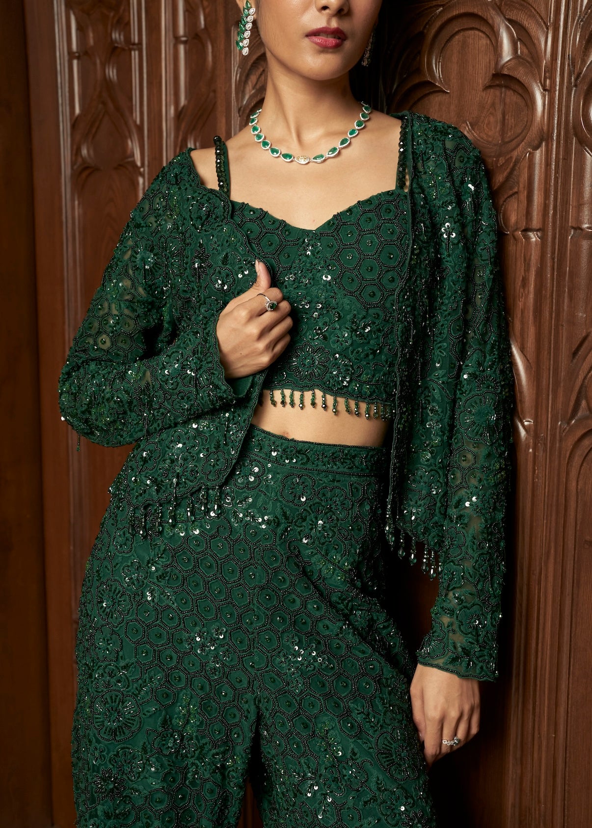 EMERALD  INDOWESTERN SHORT JACKET SET WITH FLAIRED PANTS