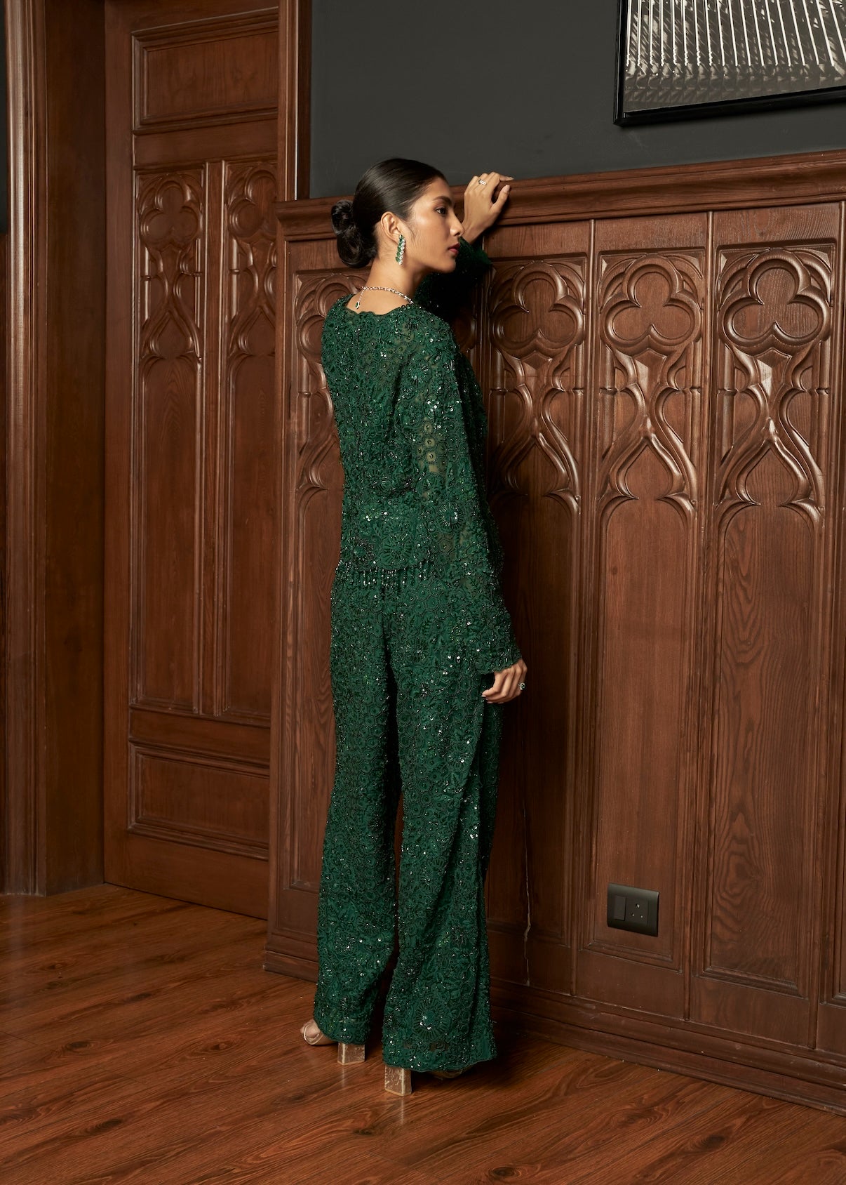 EMERALD  INDOWESTERN SHORT JACKET SET WITH FLAIRED PANTS