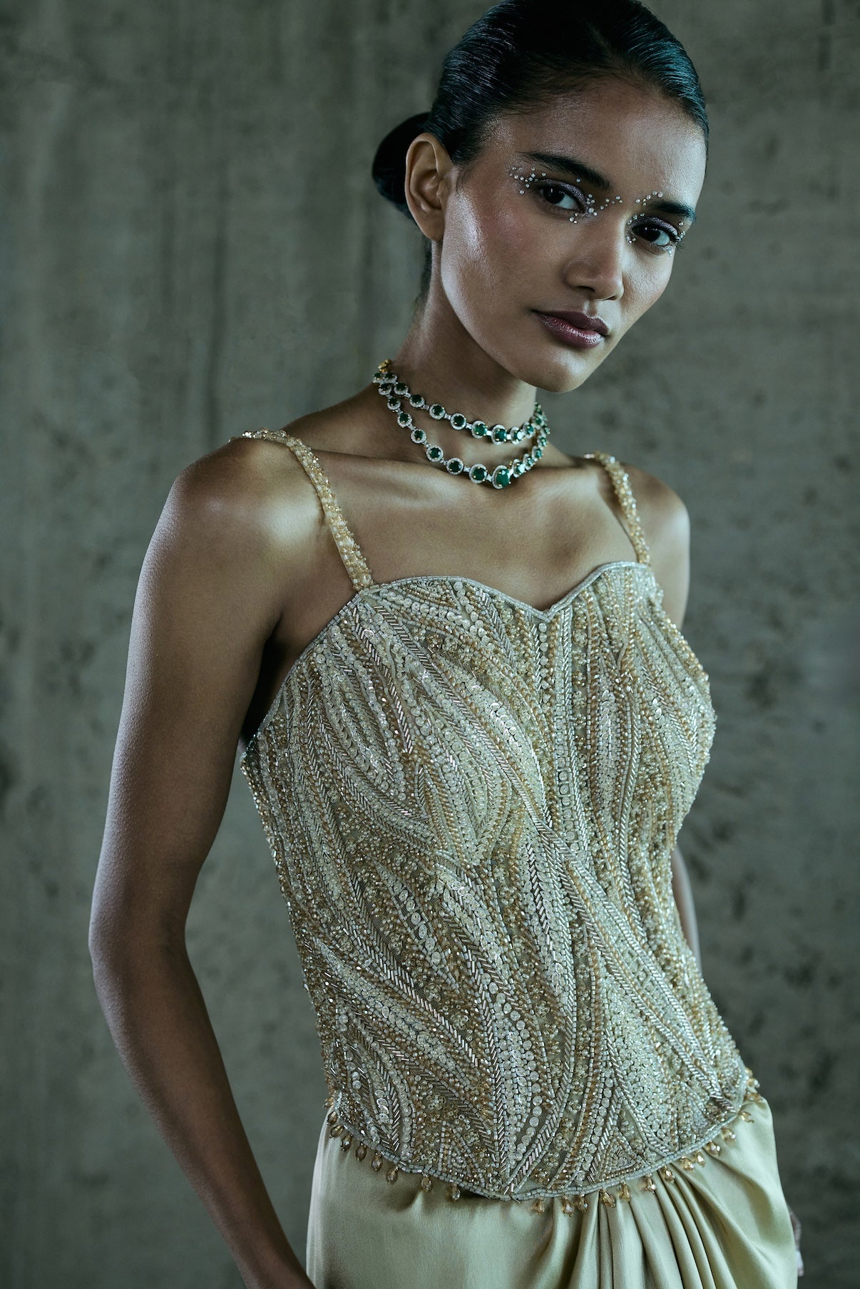 BEIGE HAND EMBELLISHED CORSET WITH SKIRT SET