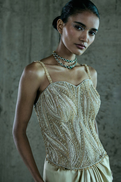 BEIGE HAND EMBELLISHED CORSET WITH SKIRT SET