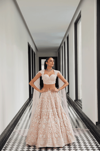 PINK BRIDAL LEHENGA WITH A VEIL BLOUSE – Istya - Main Image