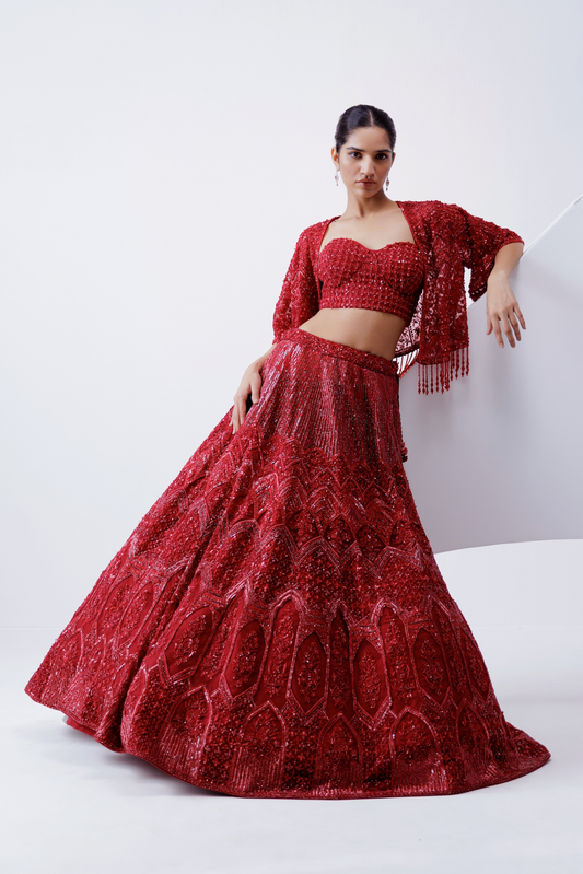 RED EMBROIDERED LEHENGA WITH JACKET
