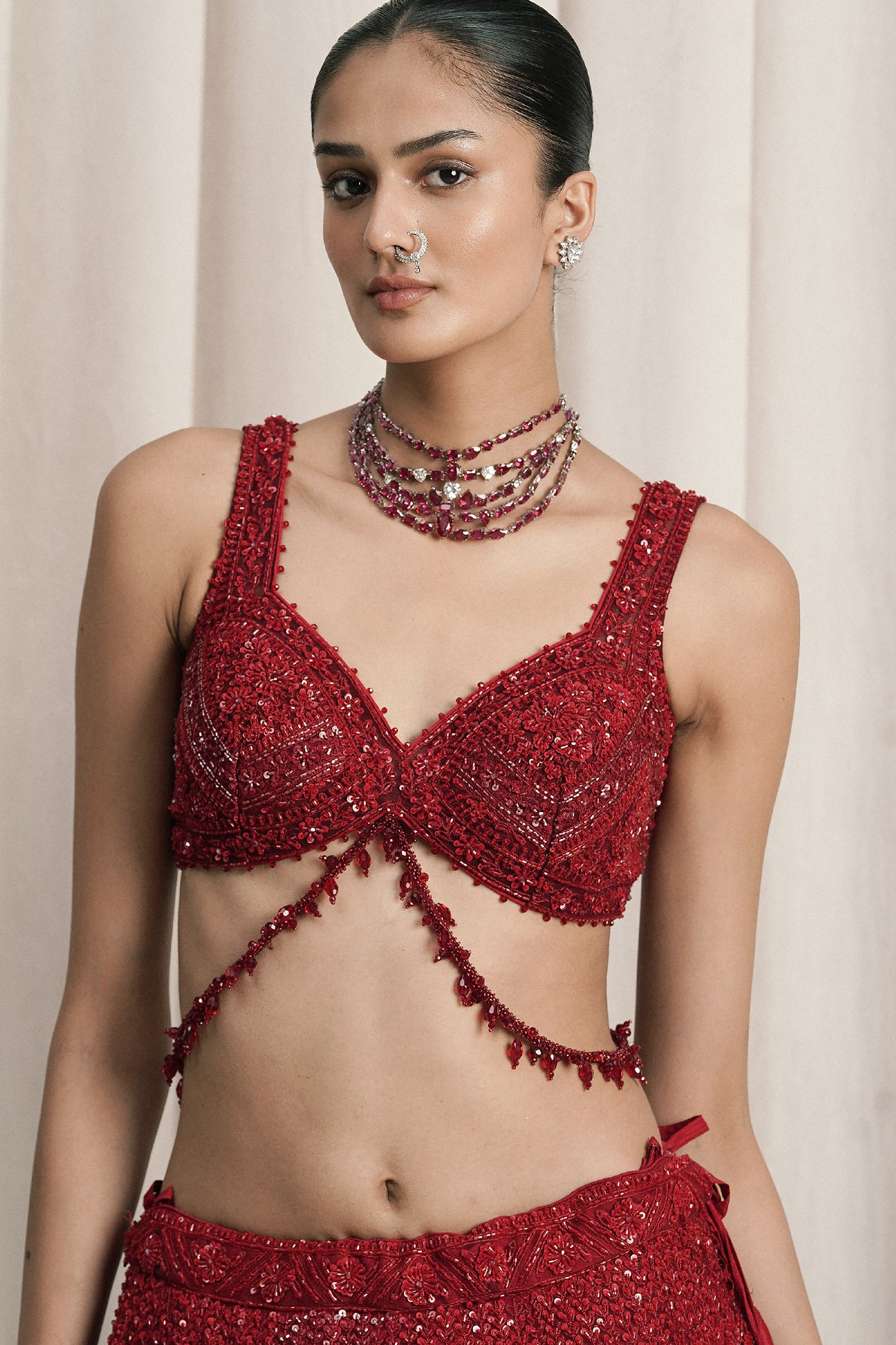 RED EMBROIDERED NET LEHENGA WITH DUPATTA