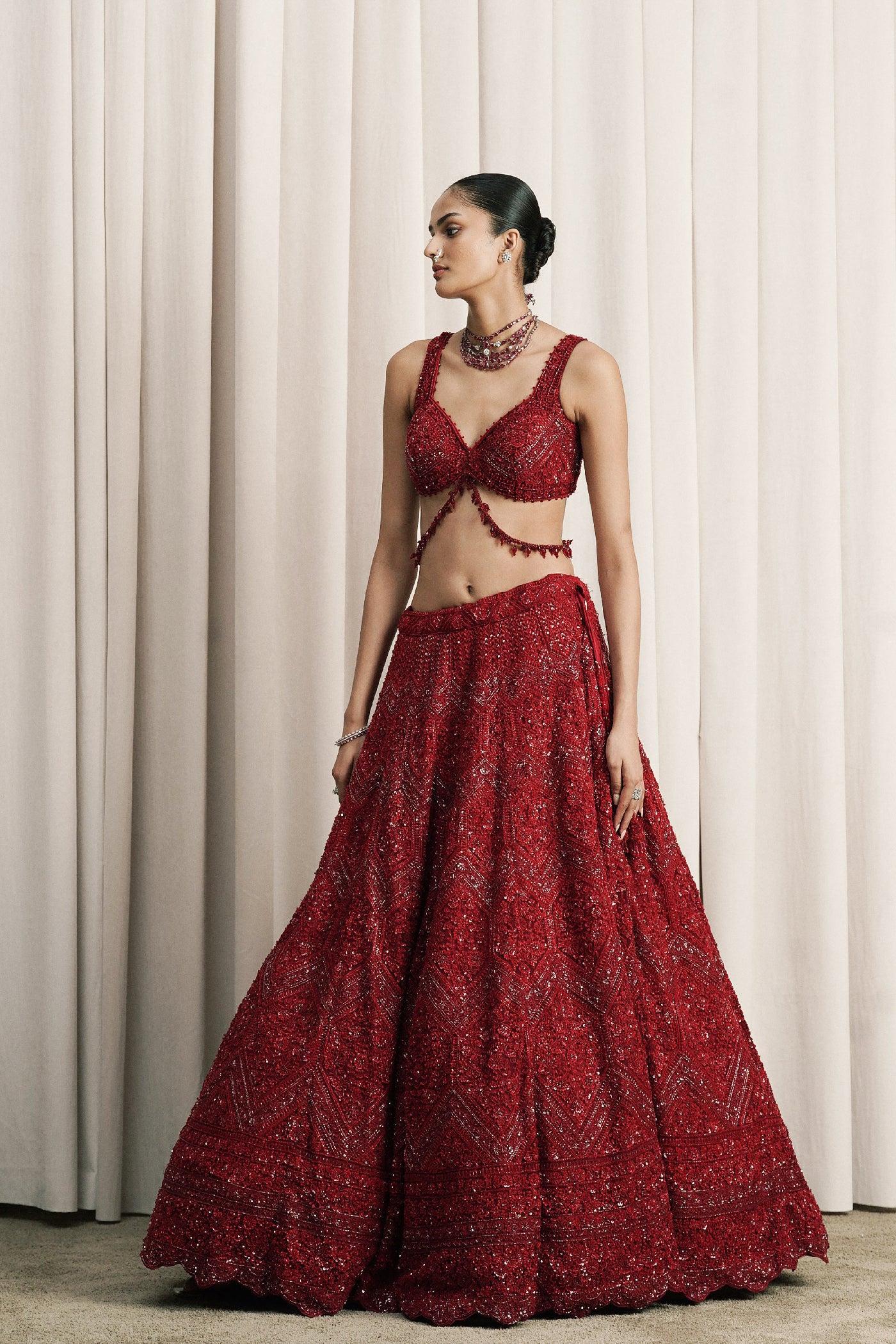 RED EMBROIDERED NET LEHENGA WITH DUPATTA