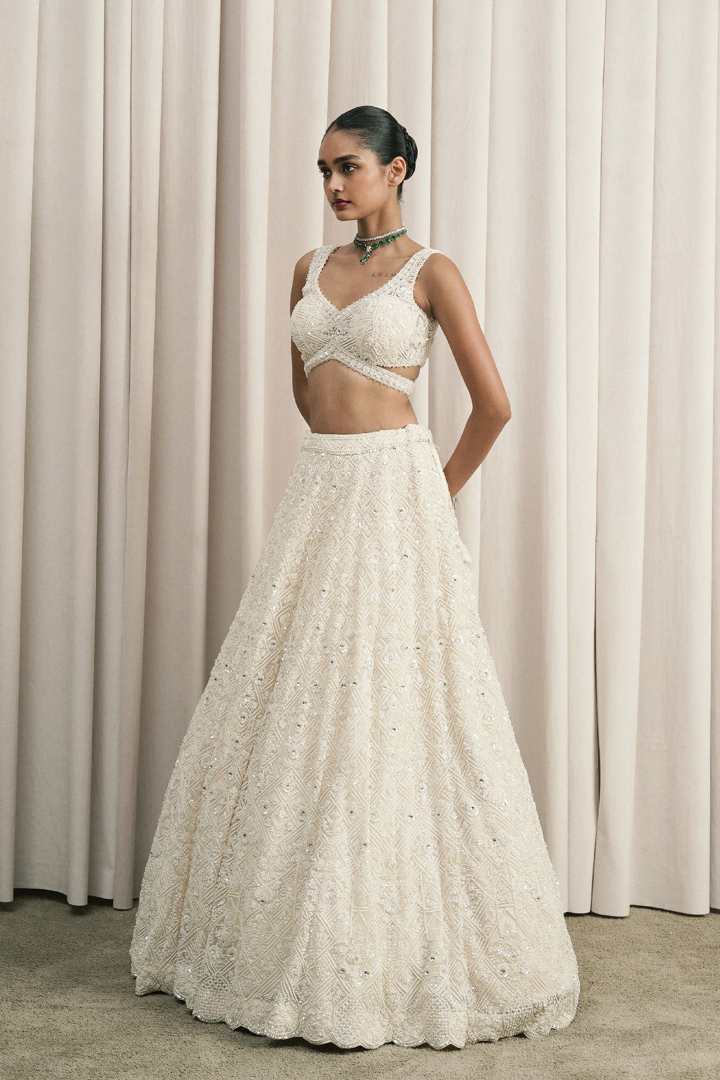 IVORY GEOMETRIC EMBROIDERED LEHENGA WITH DUPATTA