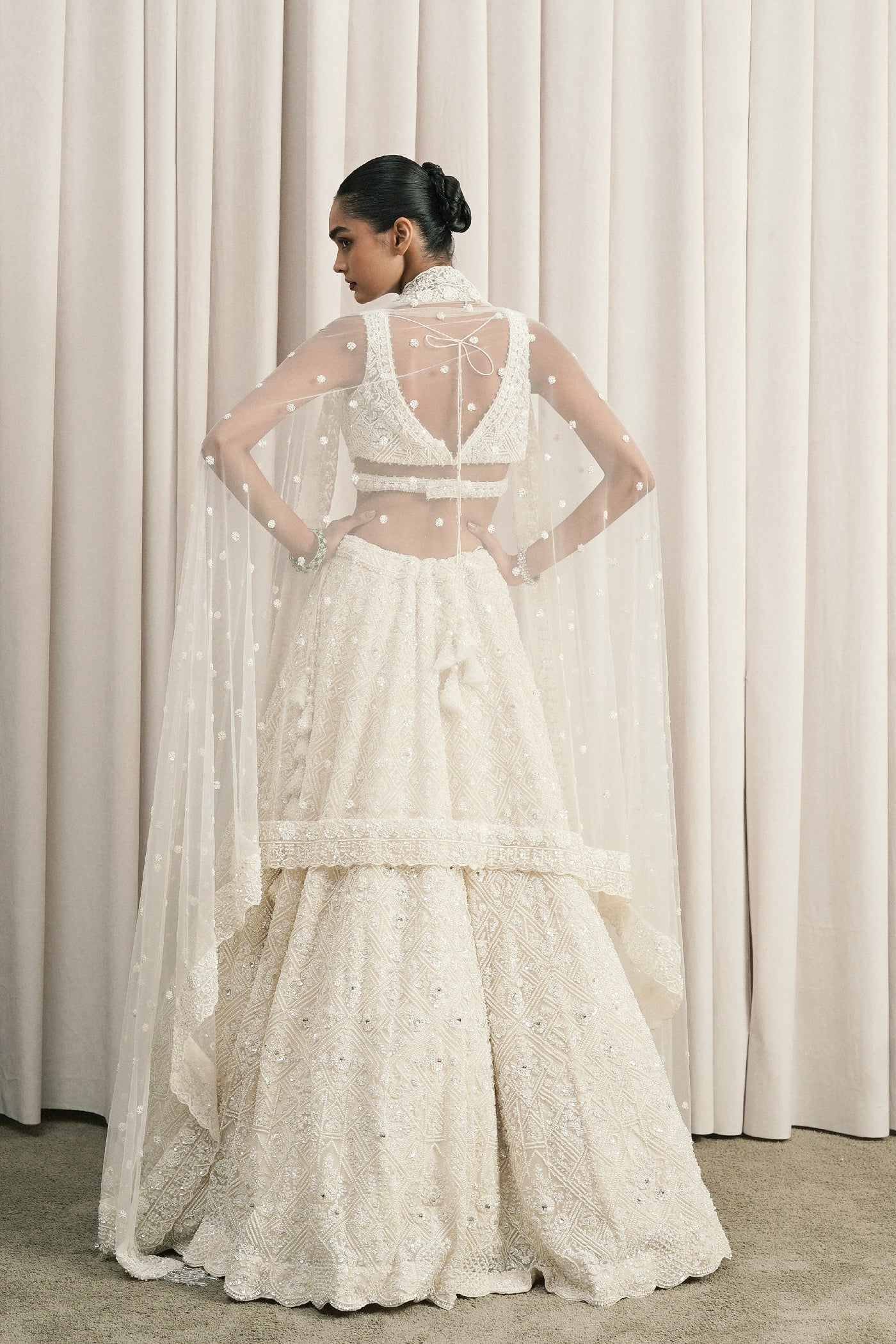 IVORY GEOMETRIC EMBROIDERED LEHENGA WITH DUPATTA