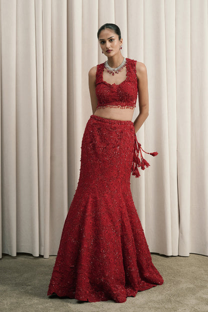 RED FISH-CUT EMBROIDERED LEHENGA WITH DUPATTA