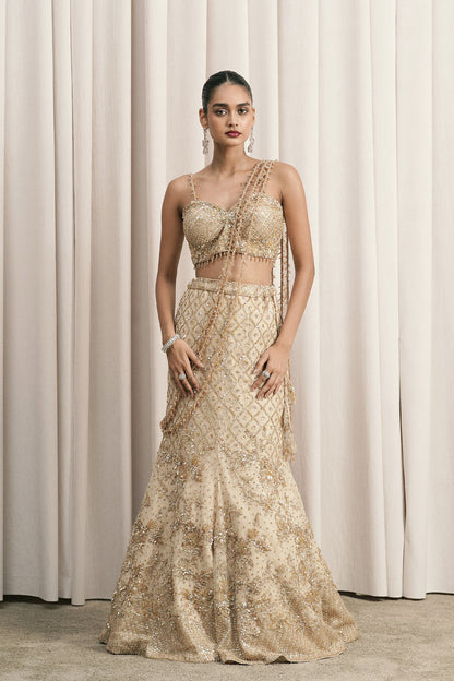 BEIGE FISH-CUT EMBROIDERED LEHENGA WITH BLOUSE
