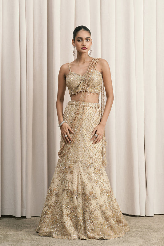 BEIGE FISH-CUT EMBROIDERED LEHENGA WITH BLOUSE