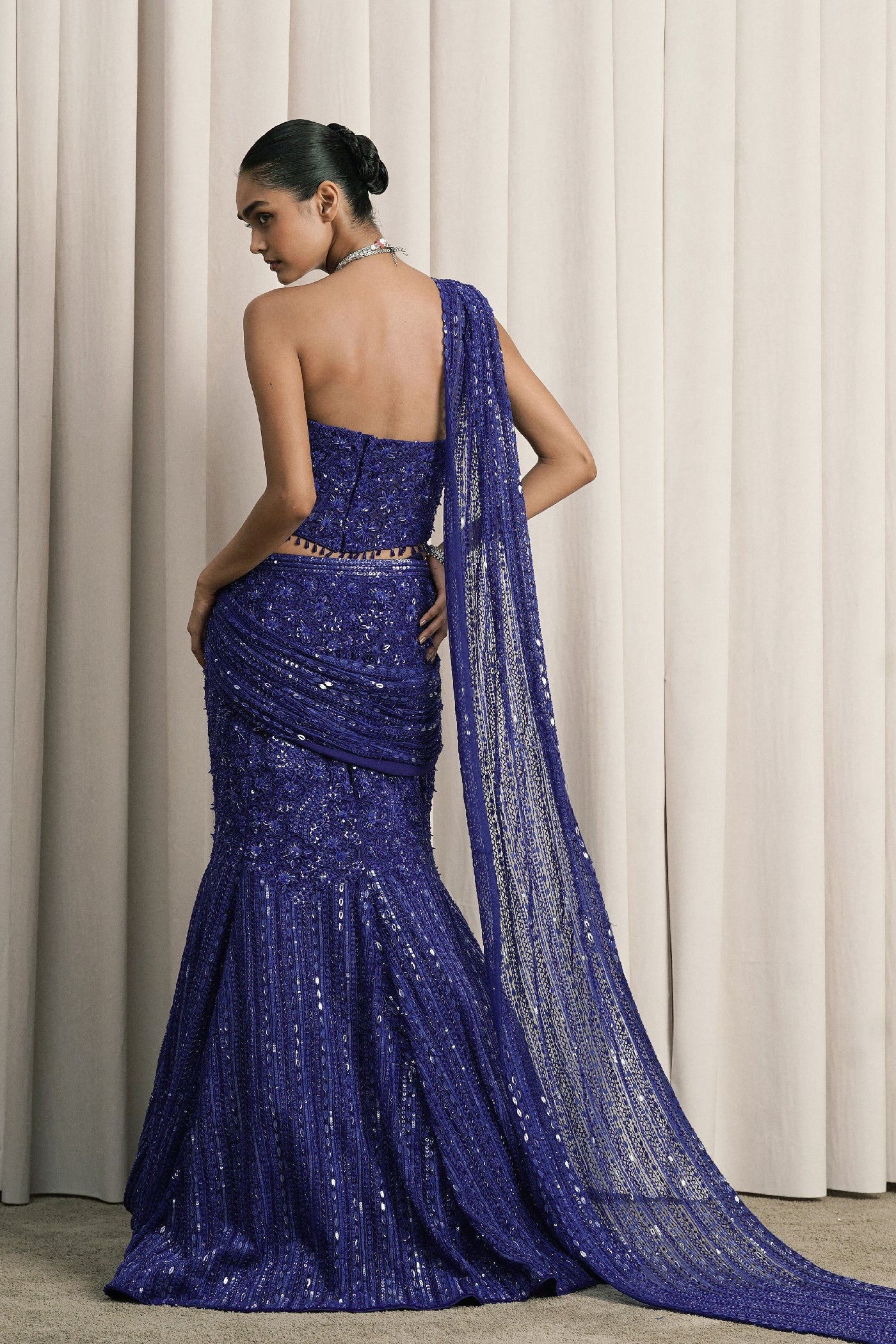 ROYAL BLUE FISH-CUT EMBROIDERED LEHENGA WITH CORSET BLOUSE